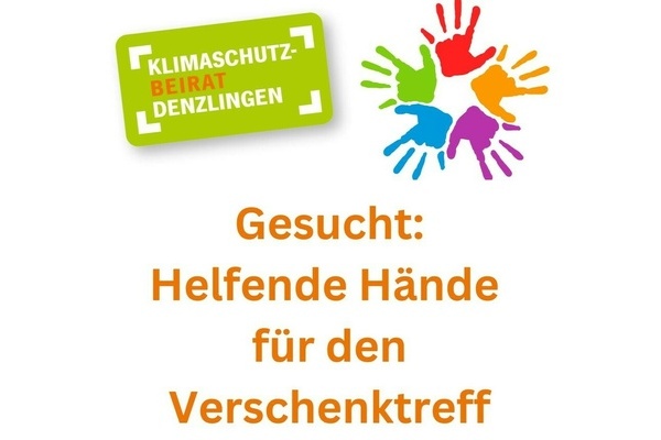 Logo des Klimaschutzbeirats Denzlingen. Wei&szlig;e und orangefarbene Schrift auf gr&uuml;nem Untergrund, bunte Handabr&uuml;cke