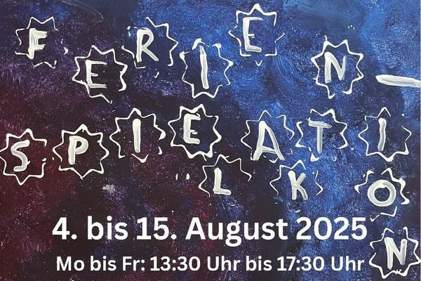 Ausschnitt eines Plakates fr die Ferienspielaktion 2025 der Jugendpflege Denzlingen. Weie Schrift auf dunklem Hintergrund.