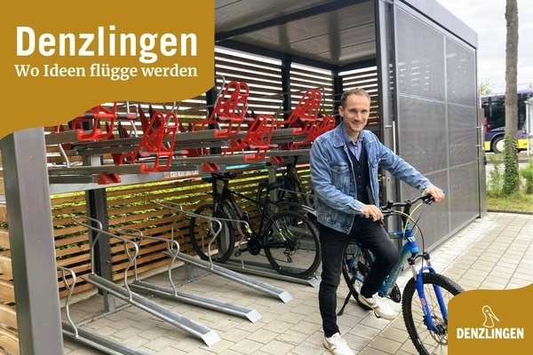 Denzlingen - Wo Ideen flügge werden. Fahrradsammelschließanlage und Person mit blauem Fahrrad