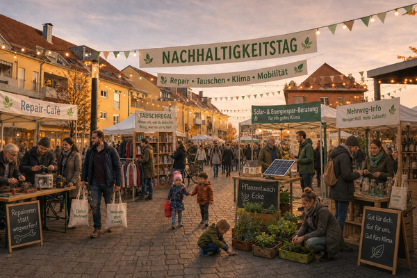 Ortsmitte mit Marktst�nden und gro�em Banner "Nachhaltigkeitstag" 